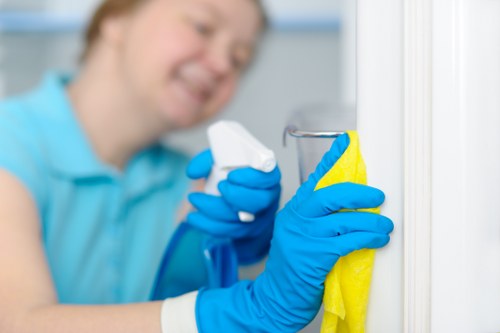 Cleaning staff sanitising shared kitchen and touchpoints in a Brent workplace