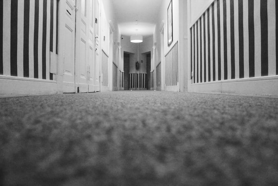 Low-angle view of a corridor with a textured carpet floor in a residential or commercial setting, featuring paneled walls with vertical striped wallpaper in black and white, white doorframes, and wall